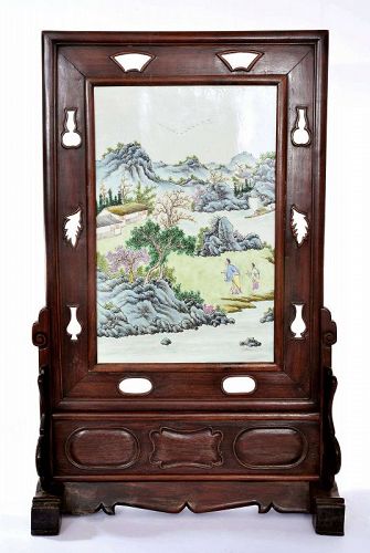 Chinese Famille Rose Porcelain Plaque Mountain Scene Wood Screen