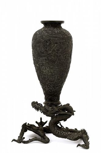 1900's Japanese Bronze Dragon Carry Vase Okimono