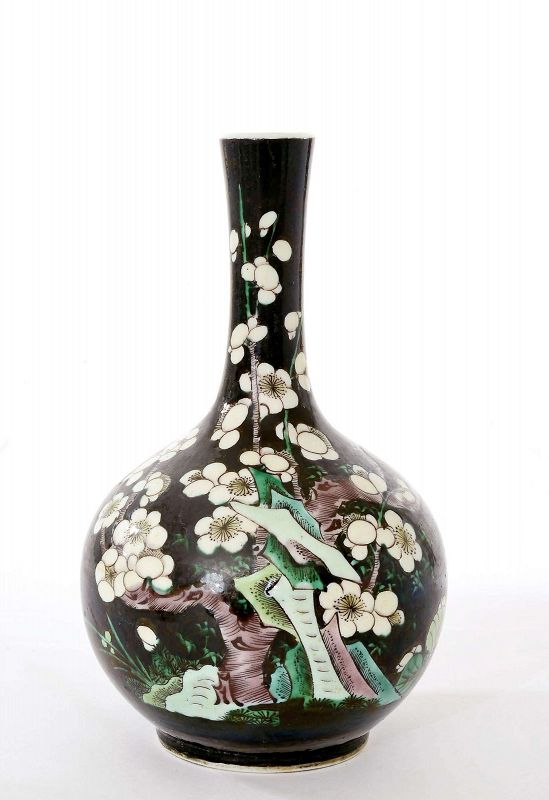 19C Chinese Famille Noire Porcelain Vase Garden Scene Plum Tree