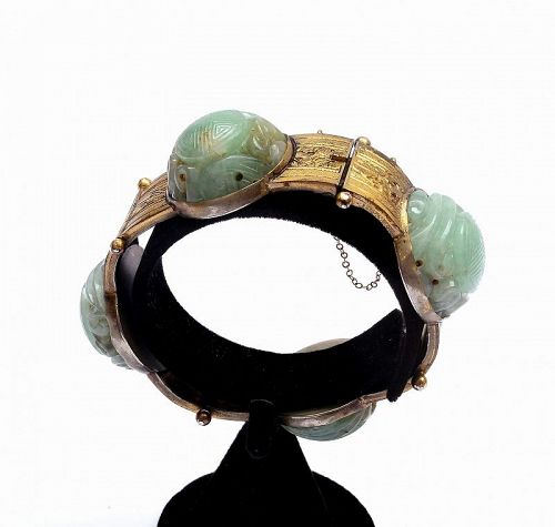Old Chinese Jadeite Carved Carving Plaque Copper Bangle Bracelet