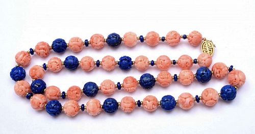 Old Chinese 14K Gold Coral & Lapis Carved Bead Calligraphy Necklace