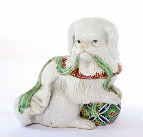Old Japanese Kutani Porcelain Pekingese Dog Playing Ball