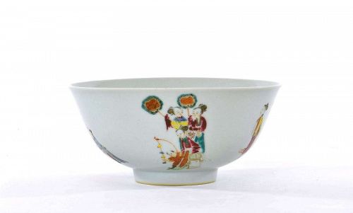 17C Chinese Kangxi Famille Rose Porcelain Bowl Lady Kids Figurine