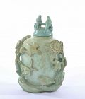 19C Chinese Turquoise Carved Carving Snuff Bottle Bird Flower