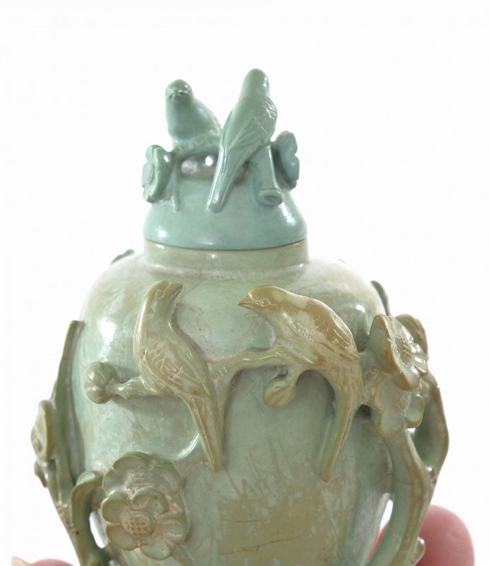 19C Chinese Turquoise Carved Carving Snuff Bottle Bird Flower