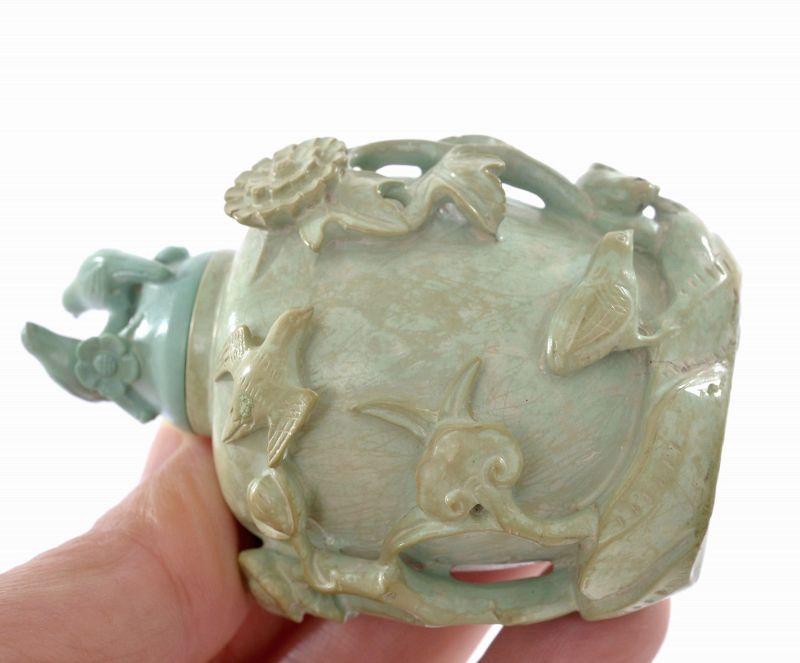 19C Chinese Turquoise Carved Carving Snuff Bottle Bird Flower