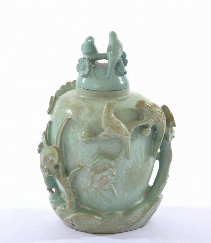 19C Chinese Turquoise Carved Carving Snuff Bottle Bird Flower