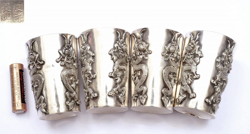 4 Old Chinese Silver Repousse Whiskey Beaker Cup Dragon MK