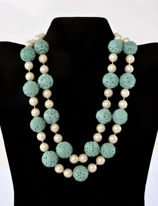 Chinese Turquoise Carved Shou Longevity Bead Mother of Pearl Necklace