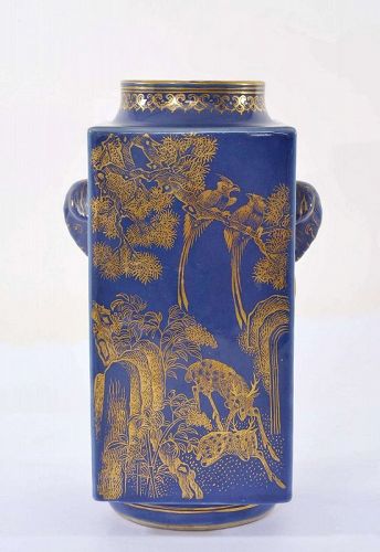 19C Chinese Gilt Decorated Powder Blue Glaze Porcelain Square Vase Mk