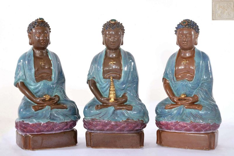 Set of 3 Chinese Robin's Egg Glazed Porcelain Seated Buddha Marked