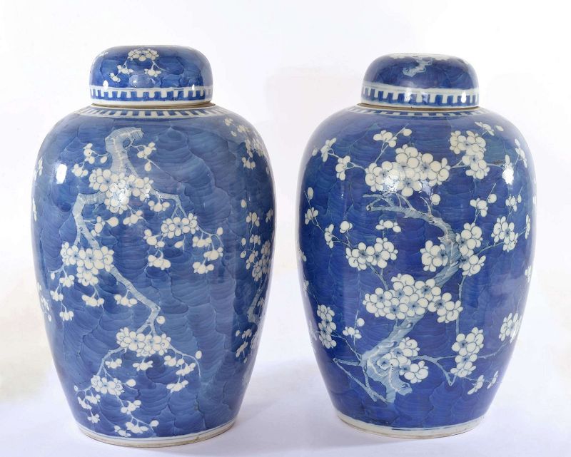 19C Chinese 2 Blue & White Porcelain Ginger Cover Jar Vase Plum Flower