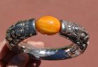 Chinese Solid Silver Dragon Butterscotch Egg Yolk Amber Bead Bangle