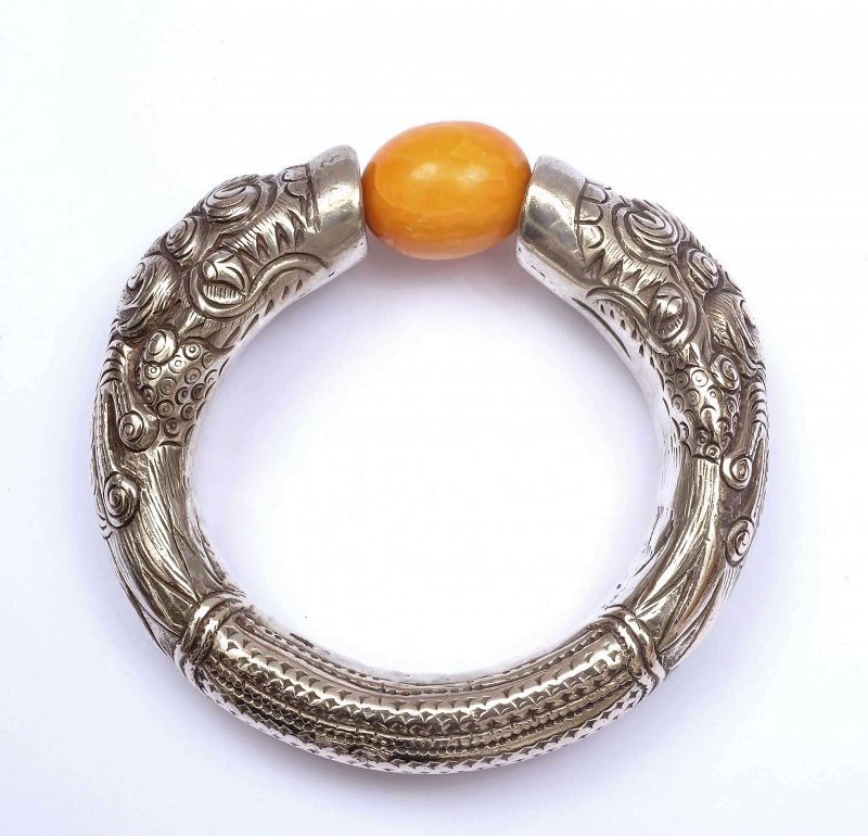 Chinese Solid Silver Dragon Butterscotch Egg Yolk Amber Bead Bangle