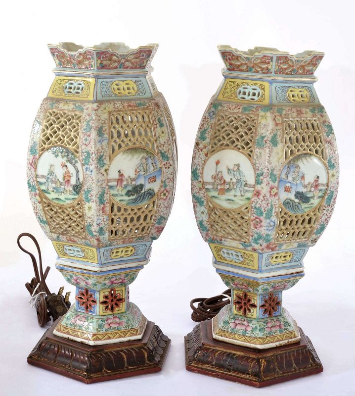 2 Old Chinese Famille Rose Porcelain Lamp Figurine Figure