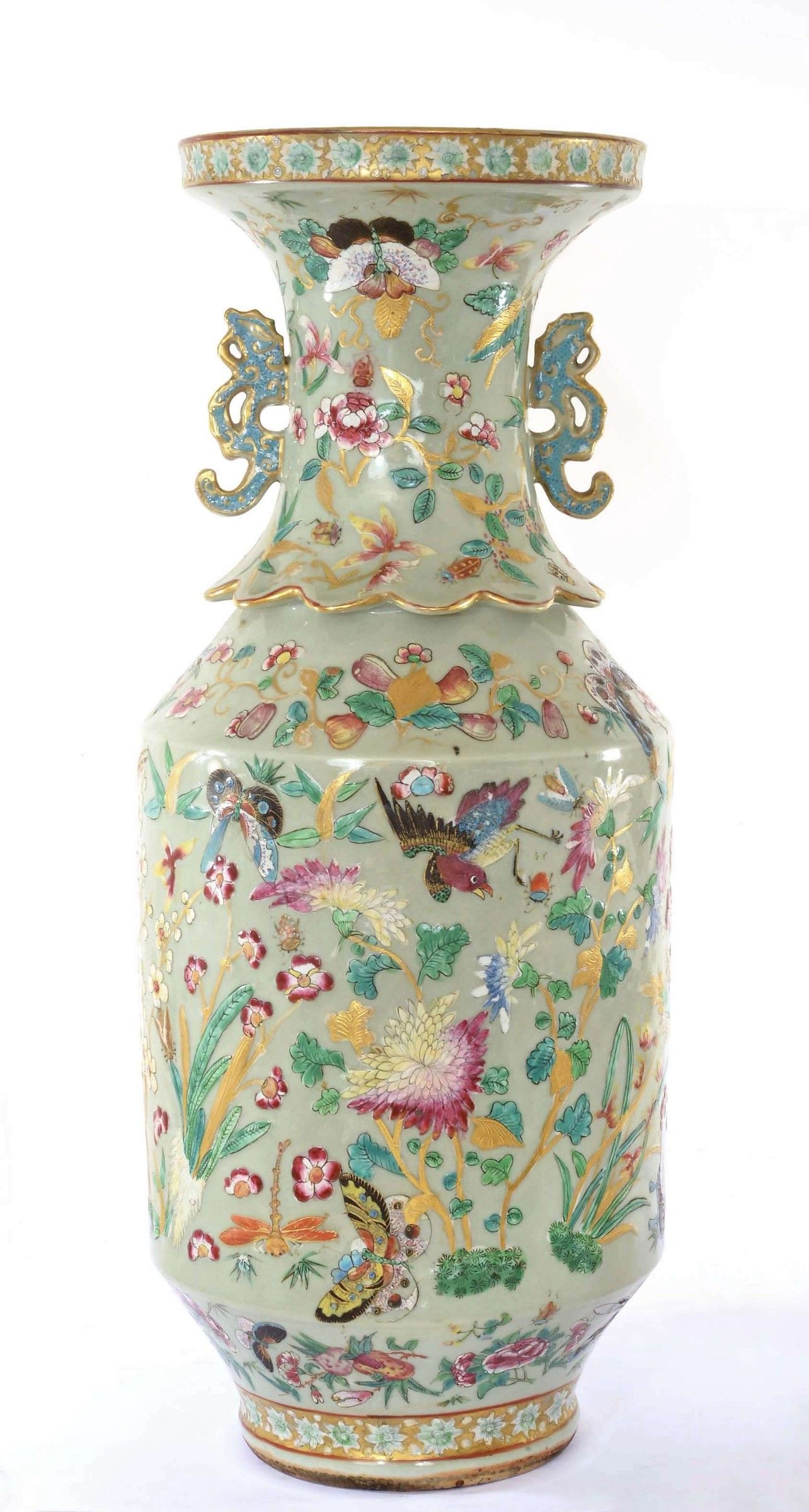Lg 19C Chinese Celadon Famille Rose Medallion Porcelain Vase