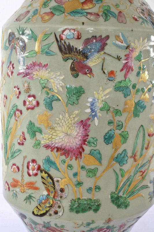 Lg 19C Chinese Celadon Famille Rose Medallion Porcelain Vase