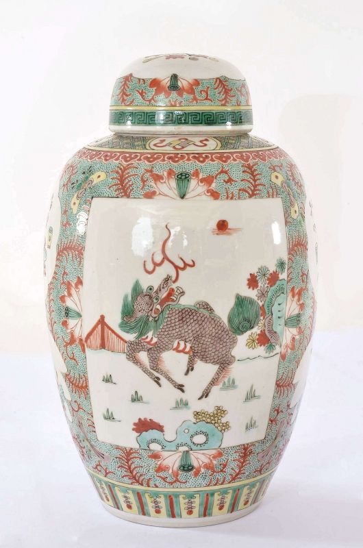 Old Chinese Famille Rose Verte Porcelain Covered Jar Vase Kilin Beast