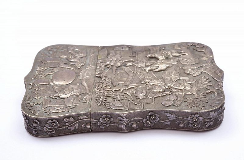 Old Chinese Sterling Silver Card Case Scholar Figurine Figure