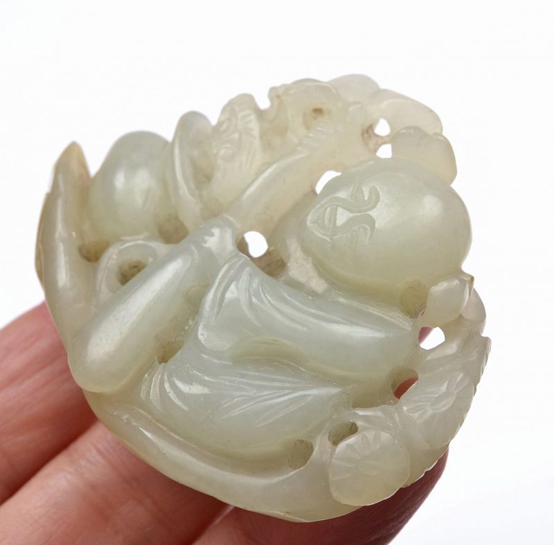 18C Chinese Russet White Jade Carved Carving Pendant Boy Figure