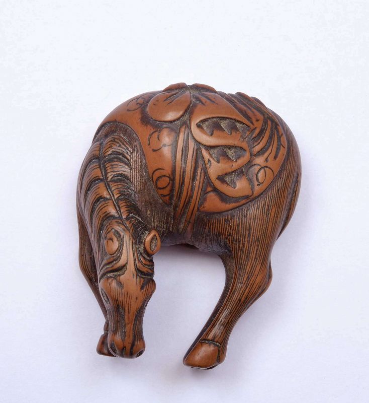 18C Japanese Wood Carved Carved Netsuke Horse