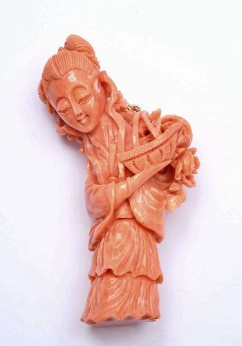 Chinese Red Coral Carved Lady Carry Basket Figure Figurine