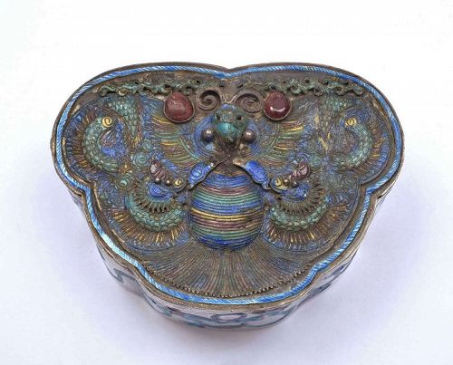 19C Chinese Silver Enamel Butterfly Moth Box Marked