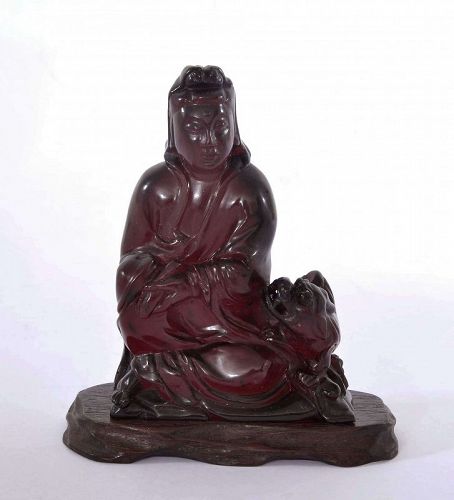 Chinese Dark Cherry Amber Bakelite Carved Guan Quan Kwan Yin Buddha