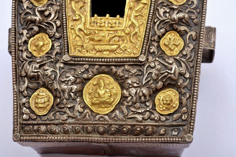 Old Tibetan Gilt Silver and Brass Fau Ghau Prayer Box Buddha Shrine