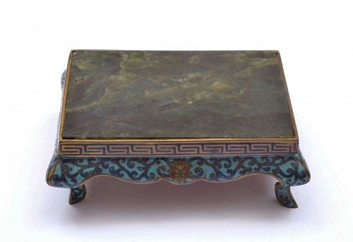 Chinese Cloisonne Enamel Scholar Table Stand with Spinach Jade Inlay