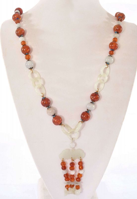 Chinese Silver Enamel Jade Ring Amber & Jadeite Carved Bead Necklace