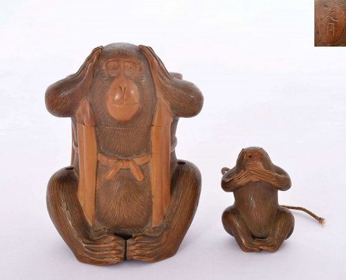 Meiji Japanese Boxwood Carved Inro Netsuke 2 Evil Monkey Sg