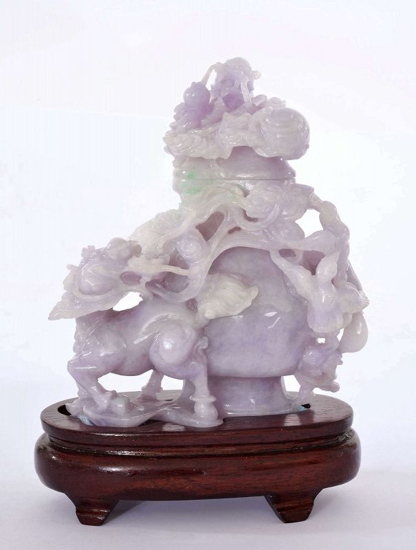 Chinese Lavender Jadeite Carving Dragon Head Kirlin Bat Covered Vase
