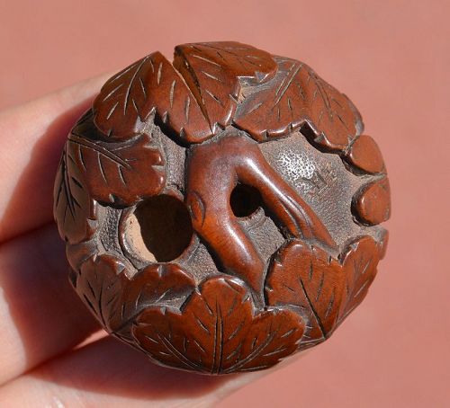 Old Japanese Wood Carved Carving Manju Netsuke Phoenix by Minko