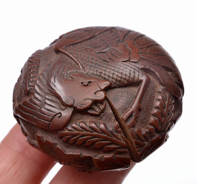 Old Japanese Wood Carved Carving Manju Netsuke Phoenix by Minko