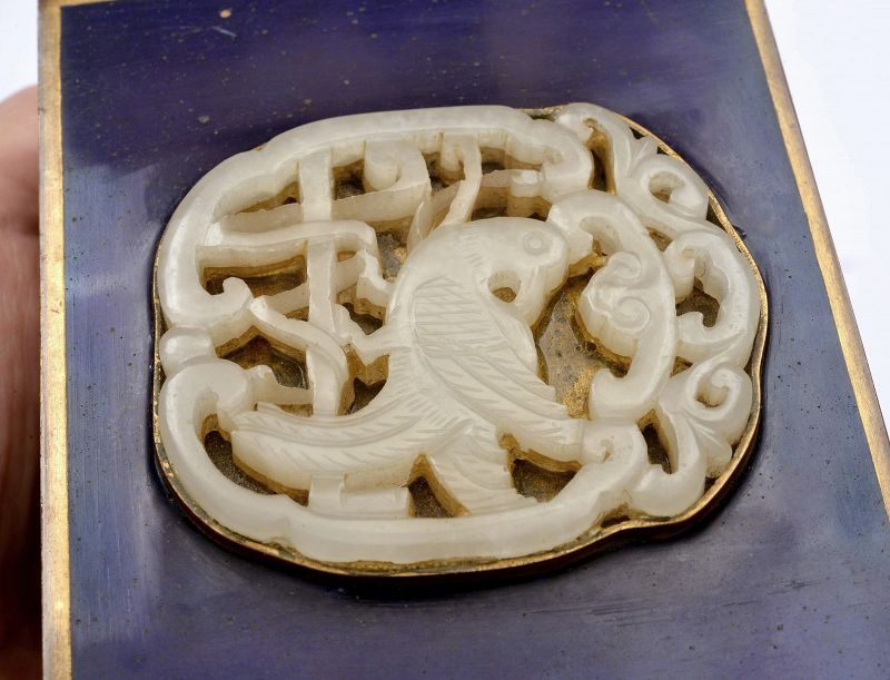 19C Chinese Enamel Box with White Jade Carved Carving Plaque Bird