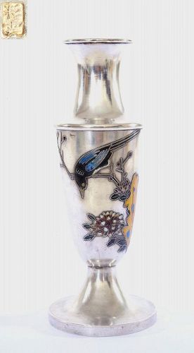 Old Chinese Silver Enamel Vase Bird Flower Marked