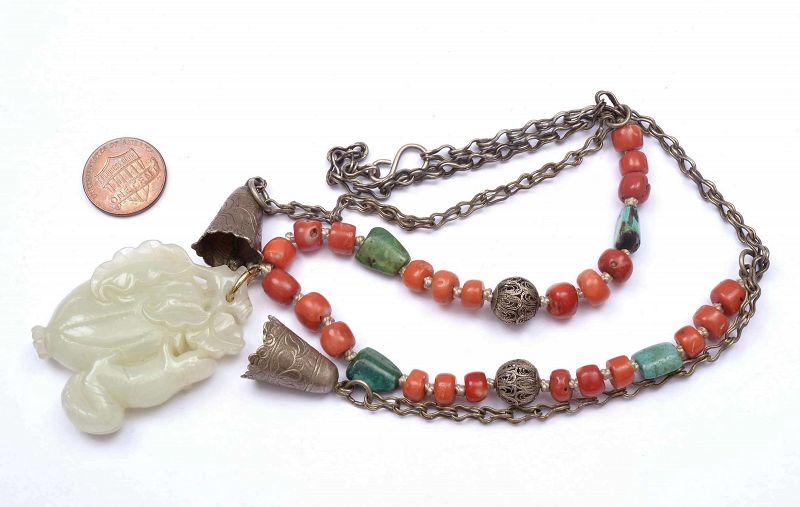 Old Chinese Silver White Jade Pendant Turquoise Coral Bead Necklace