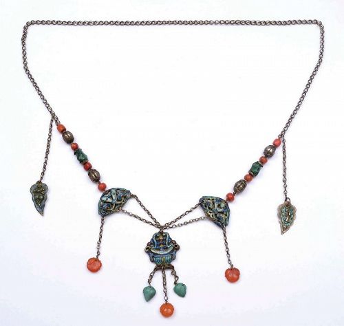 Old Chinese Solid Silver Enamel Agate Turquoise Coral Bead Necklace
