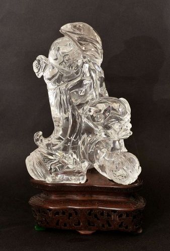 19C Chinese Rock Crystal Carved Monk Lohan Fu Dog Lion Figure Stand