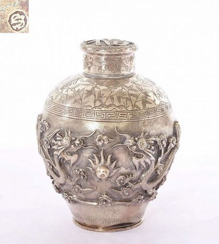 Old Chinese Export Silver Tea Caddy Box Dragon Marked