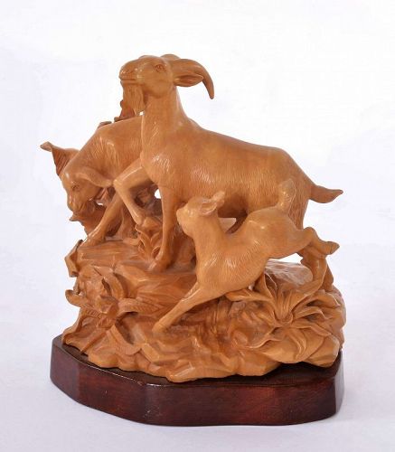 Chinese Cultural Revolution Boxwood Carved Carving 3 Goat Figurine