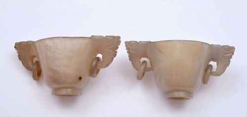 2 Old Chinese Agate Carved Carving Wine Cup Dragon Ear