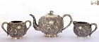 3 Chinese Sterling Silver Repousse Tea Set Teapot Dragon & Bamboo Mk