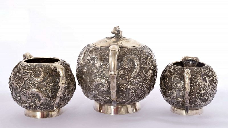 3 Chinese Sterling Silver Repousse Tea Set Teapot Dragon &amp; Bamboo Mk