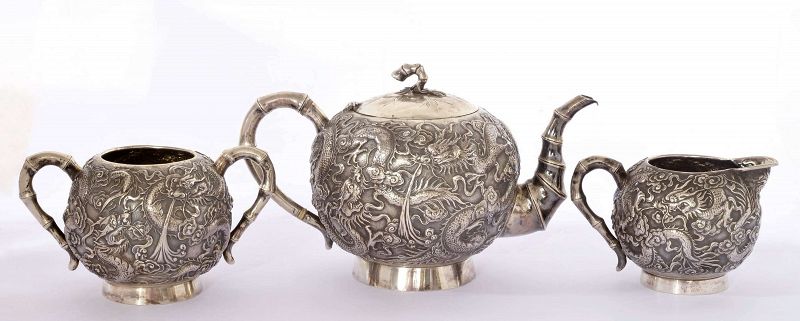 3 Chinese Sterling Silver Repousse Tea Set Teapot Dragon &amp; Bamboo Mk