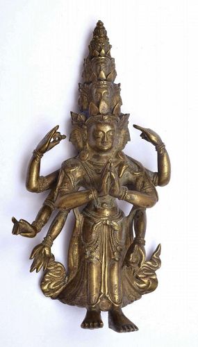 18C Chinese Tibetan Gilt Bronze 8 Arms Kwan Yin Buddha Statue Figurine