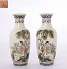 2 Chinese Famille Rose Hand Paint Porcelain Vase Lady & Boy Figure Mk