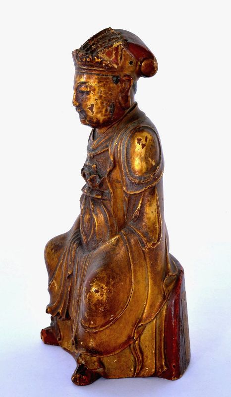 17C Chinese Gilt Lacquer Wood Carved Temple Seated Buddha Figurine