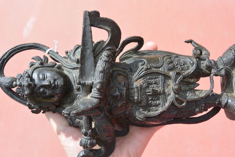 17C Chinese Bronze Temple Buddha Guardian God Figure Figurine